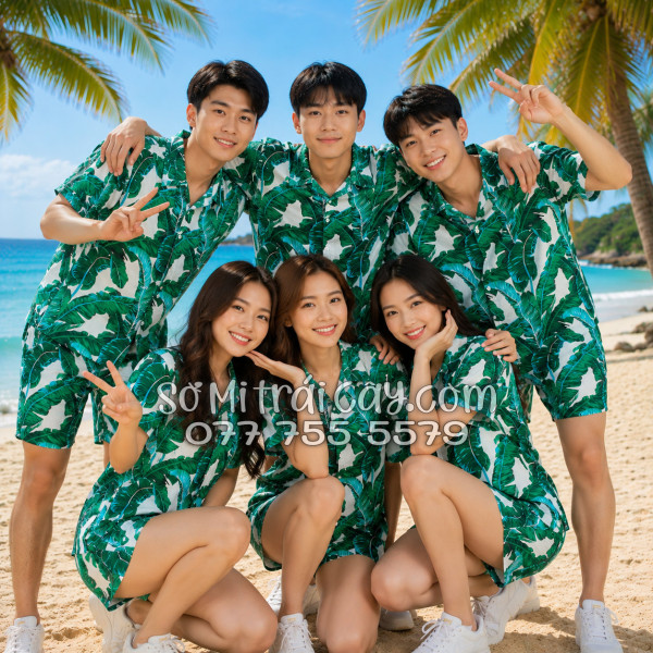Bộ Áo Sơ Mi Quần Short Tropical Họa Tiết Lá Chuối