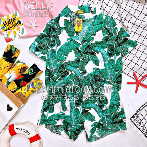 Bộ Áo Sơ Mi Quần Short Tropical Họa Tiết Lá Chuối