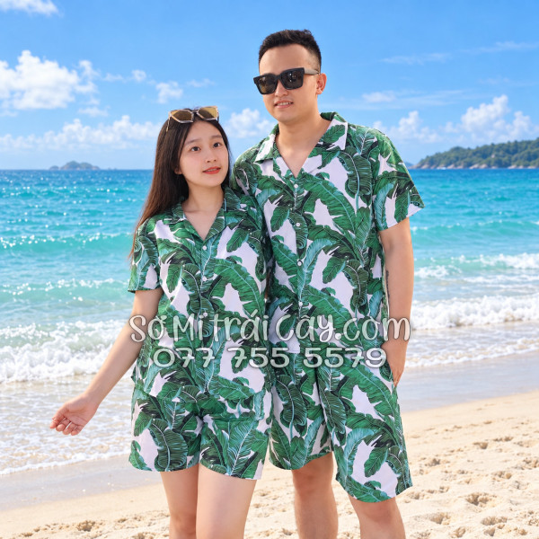 Bộ Áo Sơ Mi Quần Short Tropical Họa Tiết Lá Chuối