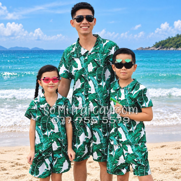 Bộ Áo Sơ Mi Quần Short Tropical Họa Tiết Lá Chuối