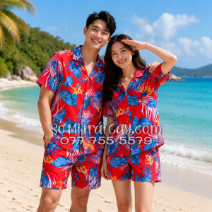 Bộ Áo Sơ Mi Quần Short Tropical Họa Tiết Hoa Lá Đỏ