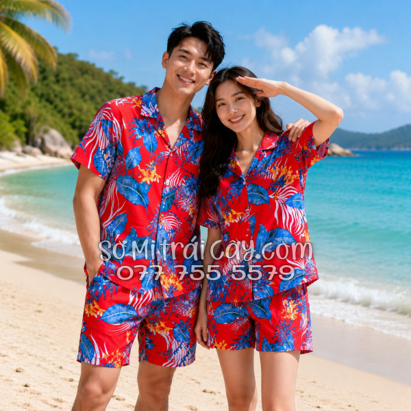 Bộ Áo Sơ Mi Quần Short Tropical Họa Tiết Hoa Lá Đỏ