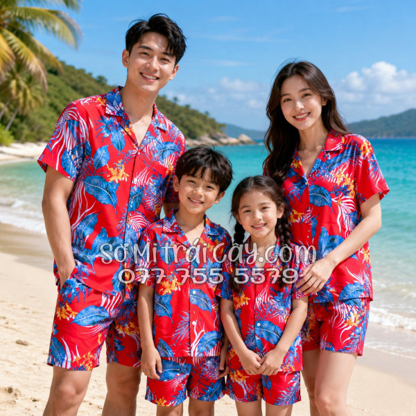 Bộ Áo Sơ Mi Quần Short Tropical Họa Tiết Hoa Lá Đỏ