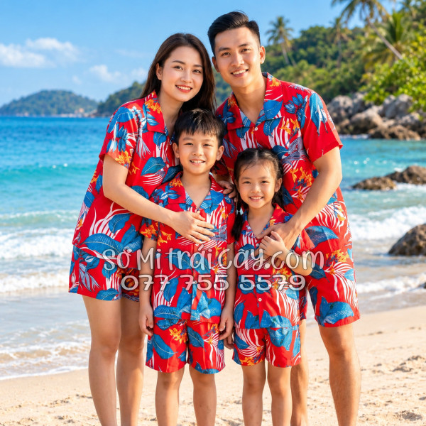 Bộ Áo Sơ Mi Quần Short Tropical Họa Tiết Hoa Lá Đỏ