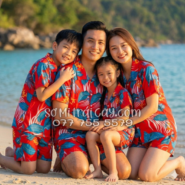 Bộ Áo Sơ Mi Quần Short Tropical Họa Tiết Hoa Lá Đỏ