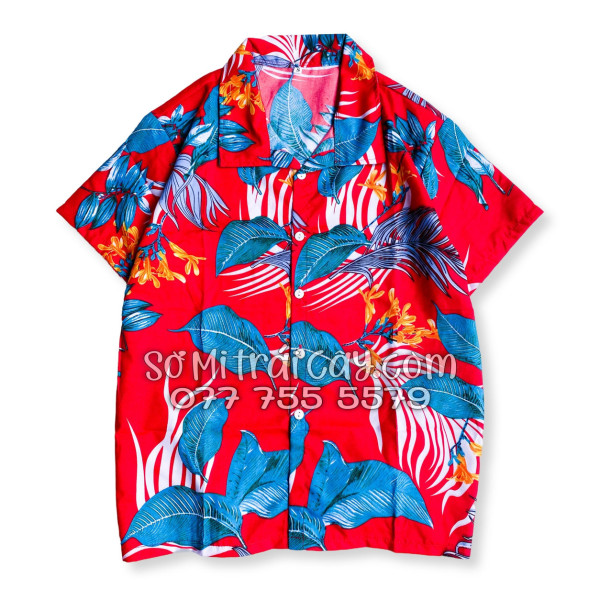 Bộ Áo Sơ Mi Quần Short Tropical Họa Tiết Hoa Lá Đỏ