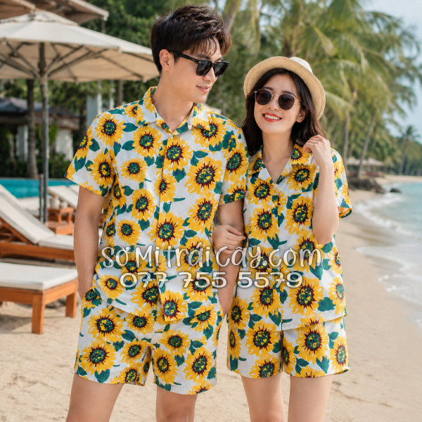 Bộ Áo Sơ Mi Quần Short Tropical Hoa Hướng Dương Trắng
