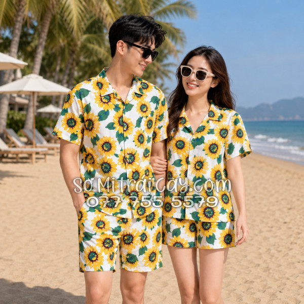 Bộ Áo Sơ Mi Quần Short Tropical Hoa Hướng Dương Trắng