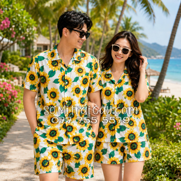 Bộ Áo Sơ Mi Quần Short Tropical Hoa Hướng Dương Trắng