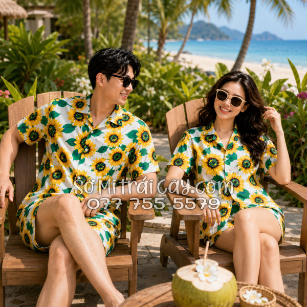 Bộ Áo Sơ Mi Quần Short Tropical Hoa Hướng Dương Trắng