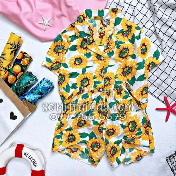 Bộ Áo Sơ Mi Quần Short Tropical Hoa Hướng Dương Trắng