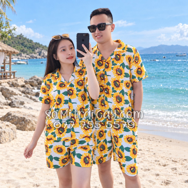 Bộ Áo Sơ Mi Quần Short Tropical Hoa Hướng Dương Trắng