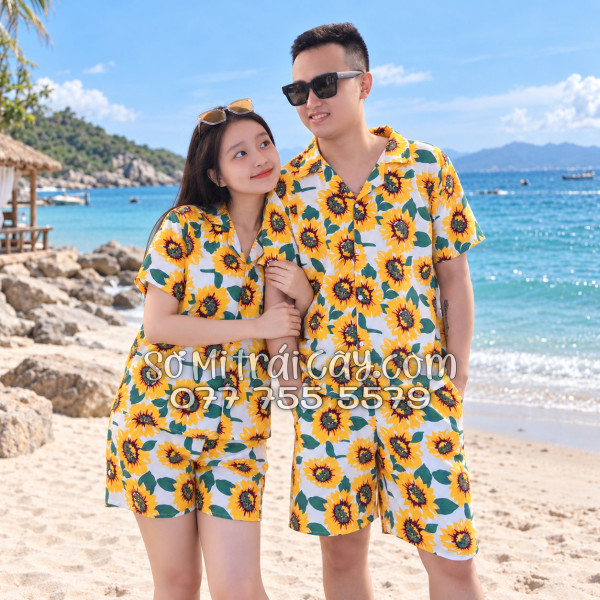 Bộ Áo Sơ Mi Quần Short Tropical Hoa Hướng Dương Trắng