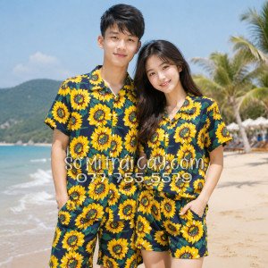 Bộ Áo Sơ Mi Quần Short Tropical Hoa Hướng Dương Xanh Đen