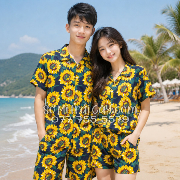 Bộ Áo Sơ Mi Quần Short Tropical Hoa Hướng Dương Xanh Đen
