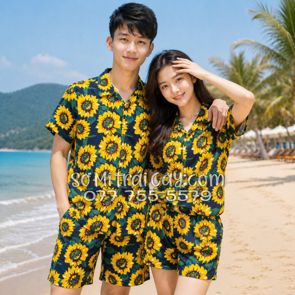 Bộ Áo Sơ Mi Quần Short Tropical Hoa Hướng Dương Xanh Đen