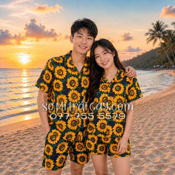 Bộ Áo Sơ Mi Quần Short Tropical Hoa Hướng Dương Xanh Đen