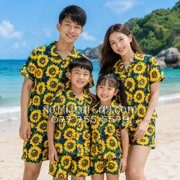 Bộ Áo Sơ Mi Quần Short Tropical Hoa Hướng Dương Xanh Đen