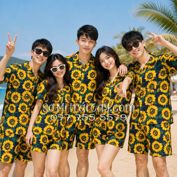 Bộ Áo Sơ Mi Quần Short Tropical Hoa Hướng Dương Xanh Đen