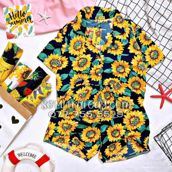 Bộ Áo Sơ Mi Quần Short Tropical Hoa Hướng Dương Xanh Đen