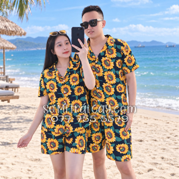Bộ Áo Sơ Mi Quần Short Tropical Hoa Hướng Dương Xanh Đen