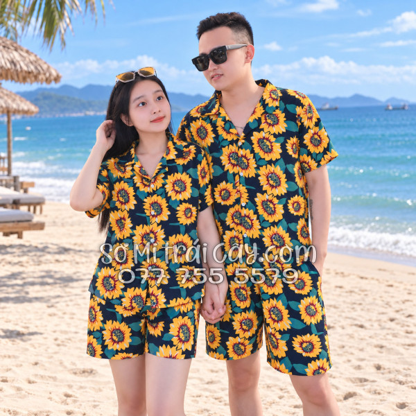Bộ Áo Sơ Mi Quần Short Tropical Hoa Hướng Dương Xanh Đen