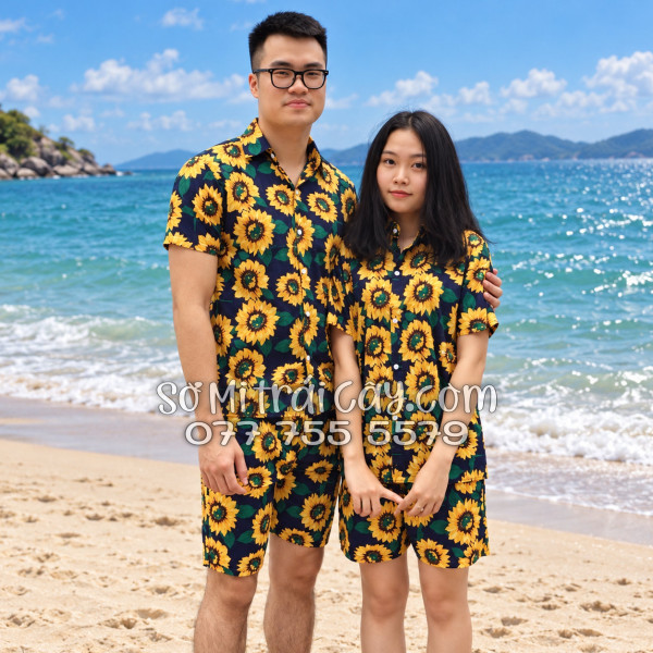 Bộ Áo Sơ Mi Quần Short Tropical Hoa Hướng Dương Xanh Đen