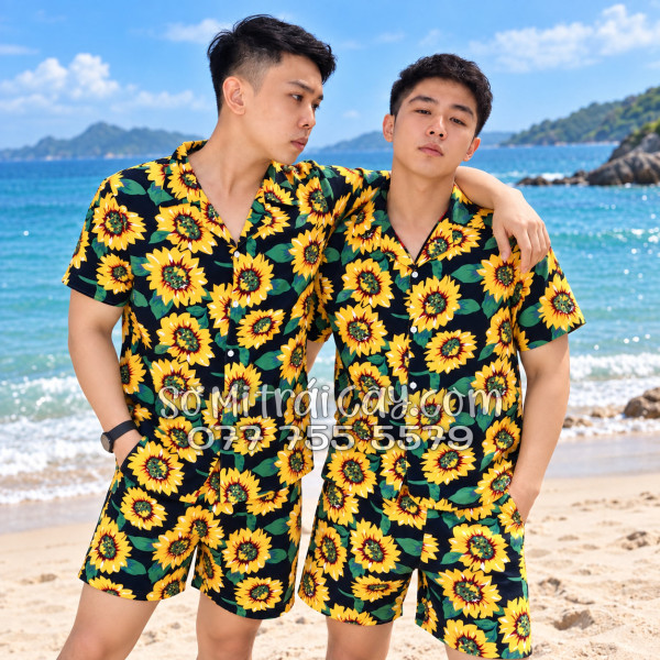Bộ Áo Sơ Mi Quần Short Tropical Hoa Hướng Dương Xanh Đen
