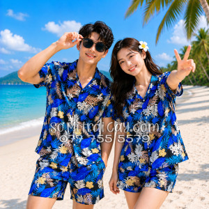 Bộ Áo Sơ Mi Quần Short Tropical Họa Tiết Hoa Vàng Lá Xanh