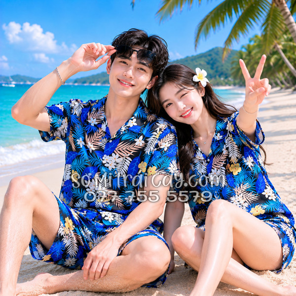 Bộ Áo Sơ Mi Quần Short Tropical Họa Tiết Hoa Vàng Lá Xanh
