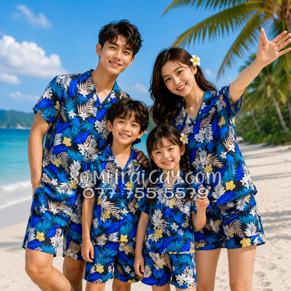Bộ Áo Sơ Mi Quần Short Tropical Họa Tiết Hoa Vàng Lá Xanh