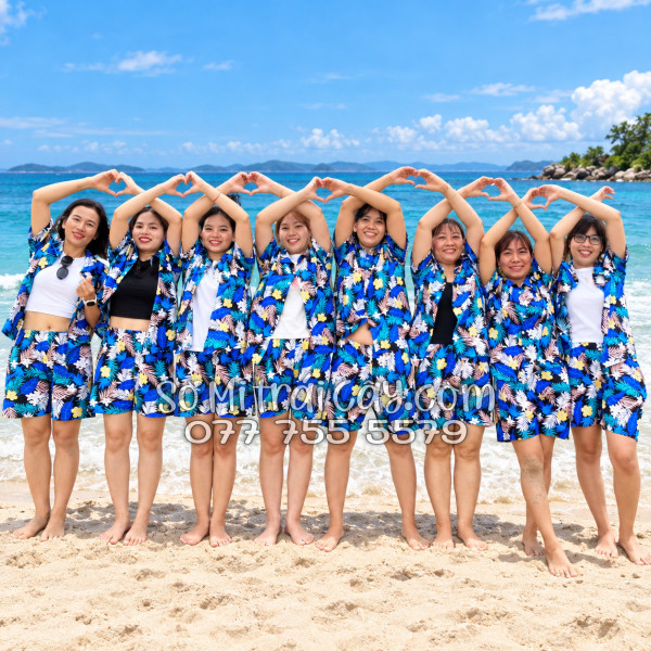 Bộ Áo Sơ Mi Quần Short Tropical Họa Tiết Hoa Vàng Lá Xanh