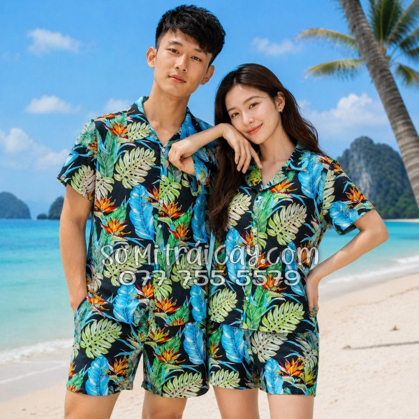Bộ Áo Sơ Mi Quần Short Tropical Hoa Thiên Điểu Lá Trầu Bà Lá Xẻ