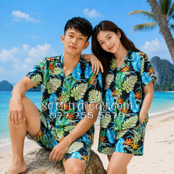 Bộ Áo Sơ Mi Quần Short Tropical Hoa Thiên Điểu Lá Trầu Bà Lá Xẻ