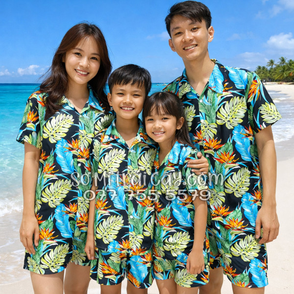 Bộ Áo Sơ Mi Quần Short Tropical Hoa Thiên Điểu Lá Trầu Bà Lá Xẻ