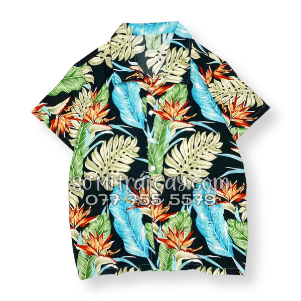 Bộ Áo Sơ Mi Quần Short Tropical Hoa Thiên Điểu Lá Trầu Bà Lá Xẻ
