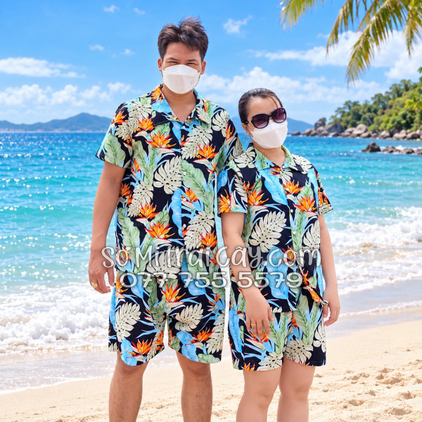 Bộ Áo Sơ Mi Quần Short Tropical Hoa Thiên Điểu Lá Trầu Bà Lá Xẻ