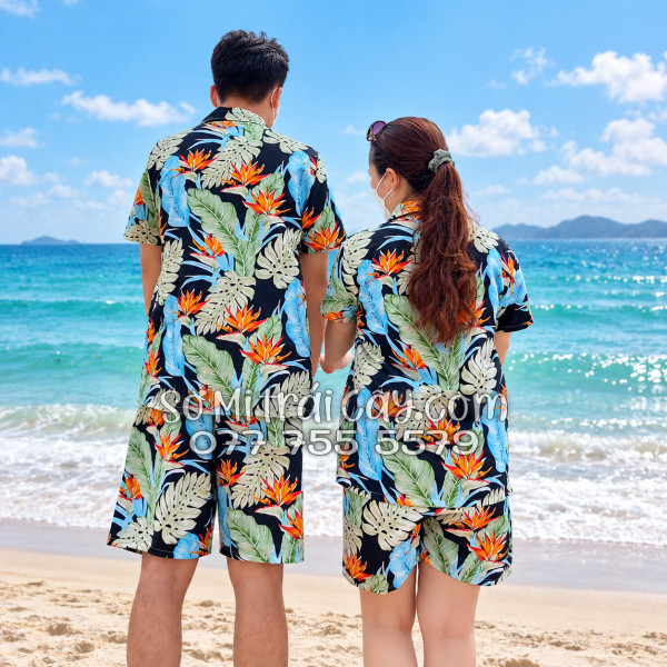 Bộ Áo Sơ Mi Quần Short Tropical Hoa Thiên Điểu Lá Trầu Bà Lá Xẻ