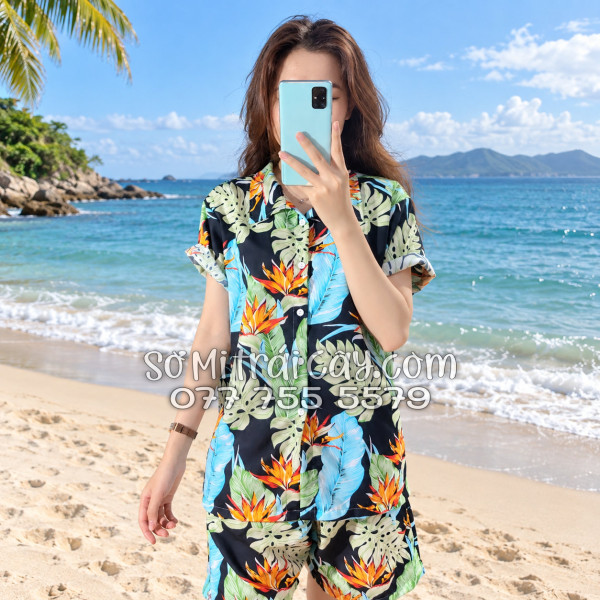 Bộ Áo Sơ Mi Quần Short Tropical Hoa Thiên Điểu Lá Trầu Bà Lá Xẻ