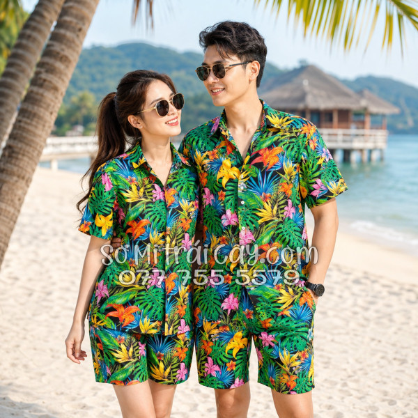 Bộ Áo Sơ Mi Quần Short Tropical Họa Tiết Hoa Loa Kèn