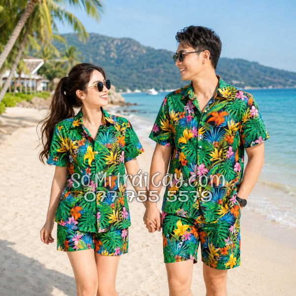Bộ Áo Sơ Mi Quần Short Tropical Họa Tiết Hoa Loa Kèn