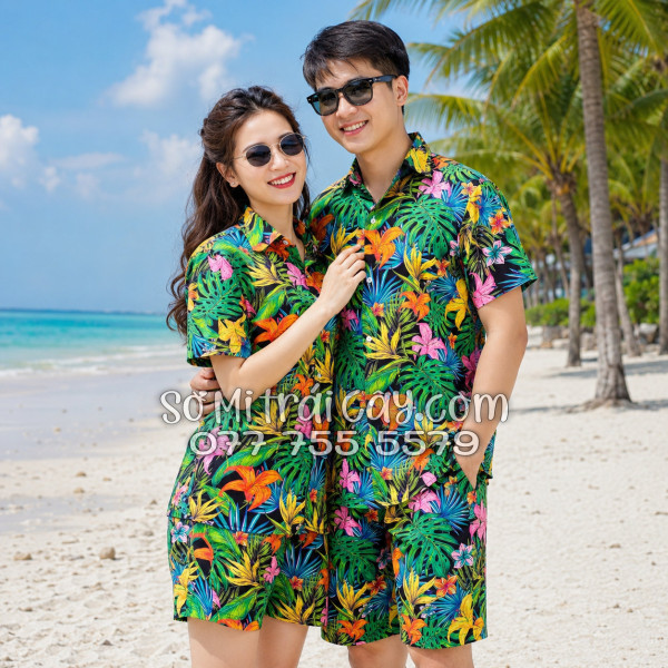 Bộ Áo Sơ Mi Quần Short Tropical Họa Tiết Hoa Loa Kèn
