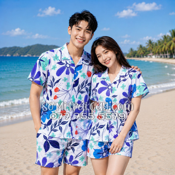 Bộ Áo Sơ Mi Quần Short Tropical Họa Tiết Hoa Tulip