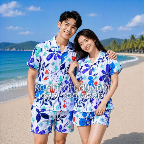 Bộ Áo Sơ Mi Quần Short Tropical Họa Tiết Hoa Tulip