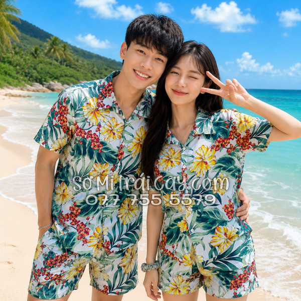 Bộ Áo Sơ Mi Quần Short Tropical Họa Tiết Bông Hoa Dăm Bụt