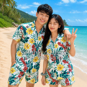 Bộ Áo Sơ Mi Quần Short Tropical Họa Tiết Bông Hoa Dăm Bụt