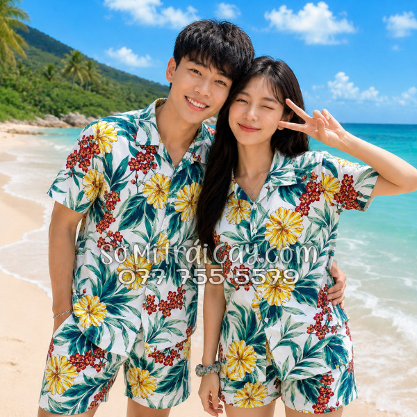 Bộ Áo Sơ Mi Quần Short Tropical Họa Tiết Bông Hoa Dăm Bụt