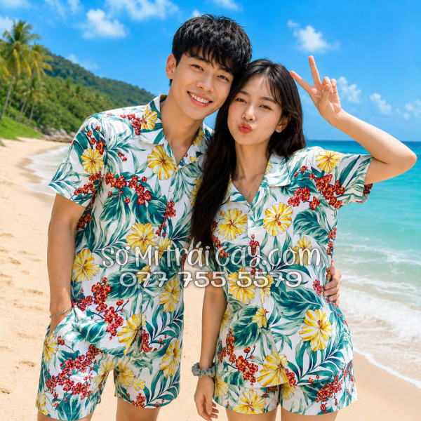 Bộ Áo Sơ Mi Quần Short Tropical Họa Tiết Bông Hoa Dăm Bụt