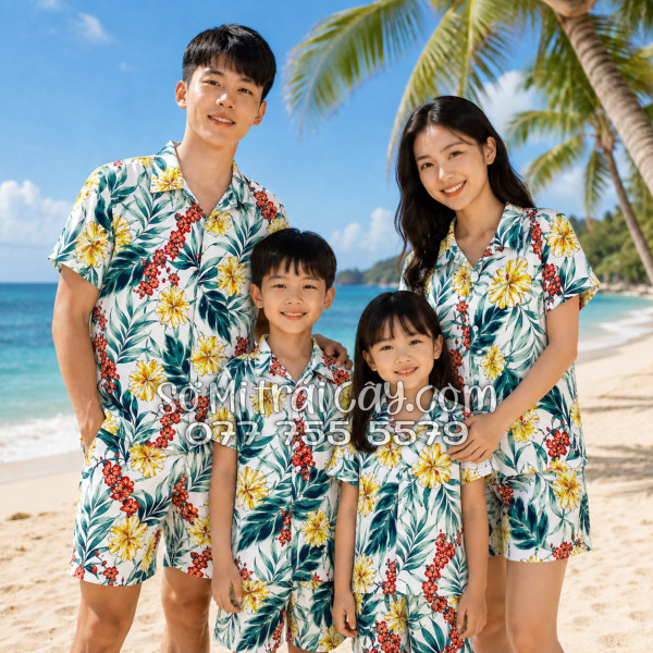 Bộ Áo Sơ Mi Quần Short Tropical Họa Tiết Bông Hoa Dăm Bụt