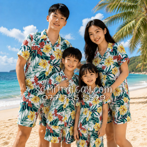Bộ Áo Sơ Mi Quần Short Tropical Họa Tiết Bông Hoa Dăm Bụt